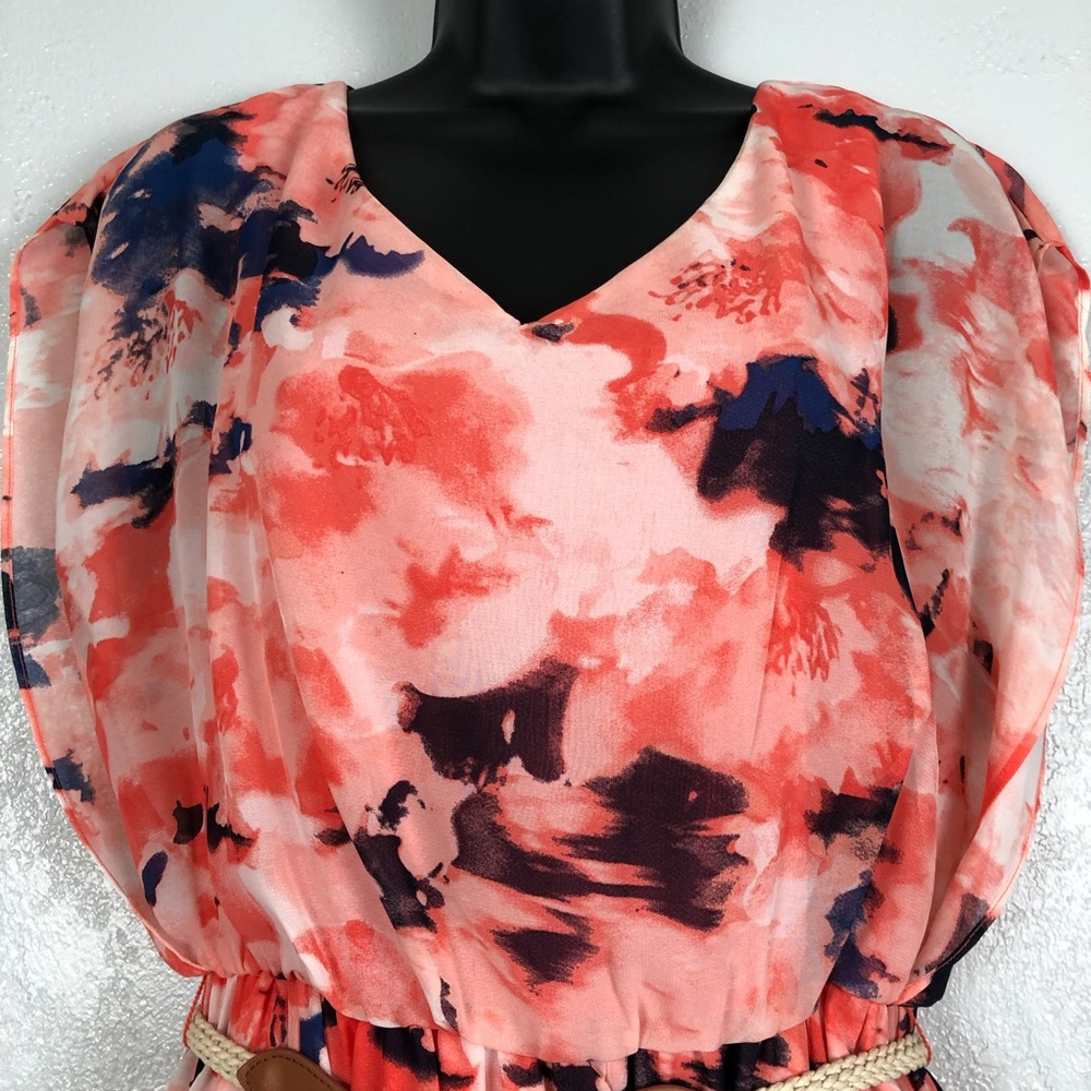 IZ BYER coral floral splatter dress rope belt Sz M - Picture 5 of 15